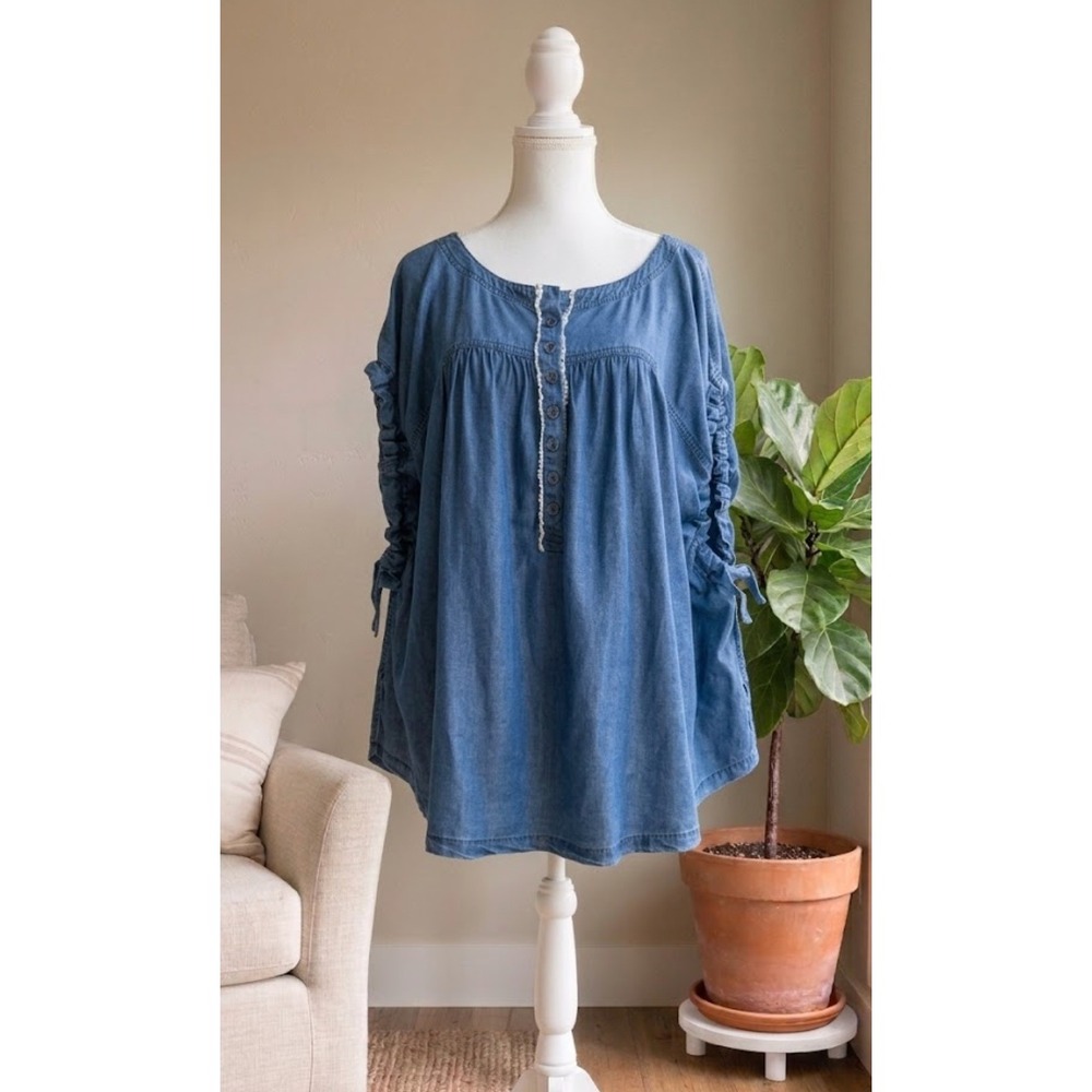 We The Free Tunic Large Blue Lyocell Ruched Tie Sleeve Henley Coastal Peasant
